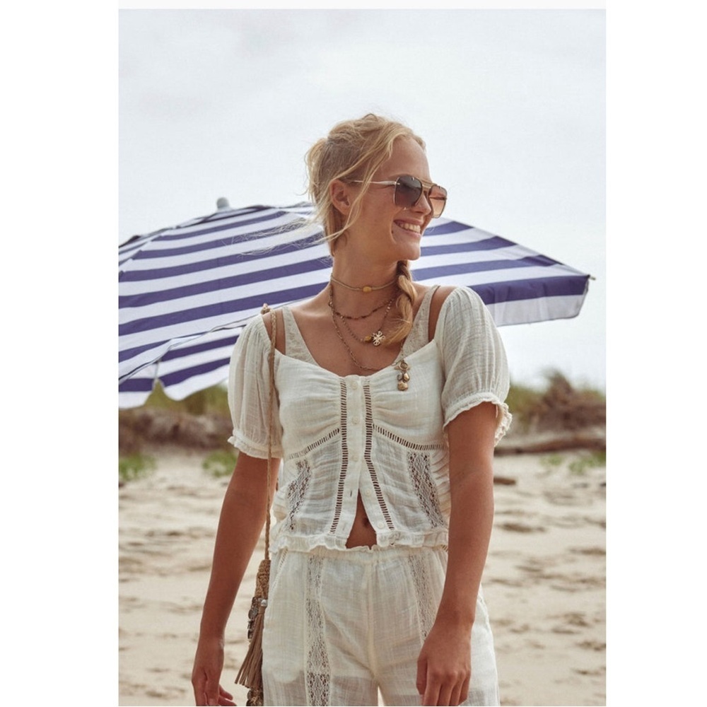 Free People Bali Alana Lace Button Down Crop Top Ivory - Picture 1 of 5
